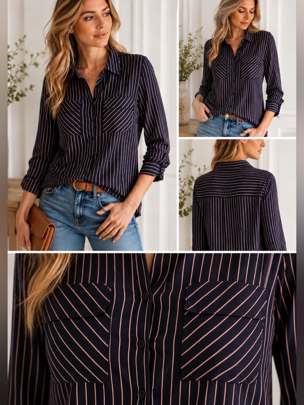 Pinstripe Button-Up Blouse 100% Viscose M Camaïe